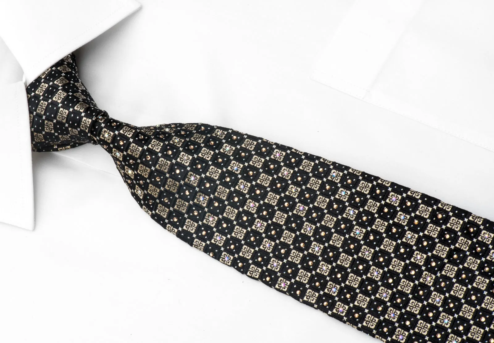 Pierre Cardin Mens Silk Necktie Gold Black Ornate Checkered Sparkling With Gold Rhinestones