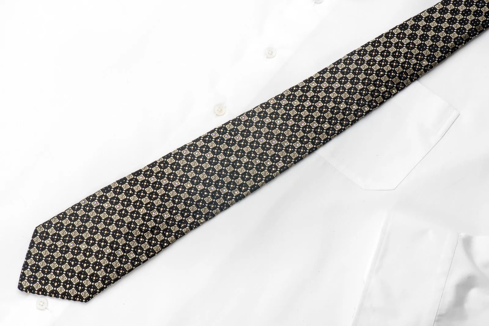 Pierre Cardin Mens Silk Necktie Gold Black Ornate Checkered Sparkling With Gold Rhinestones