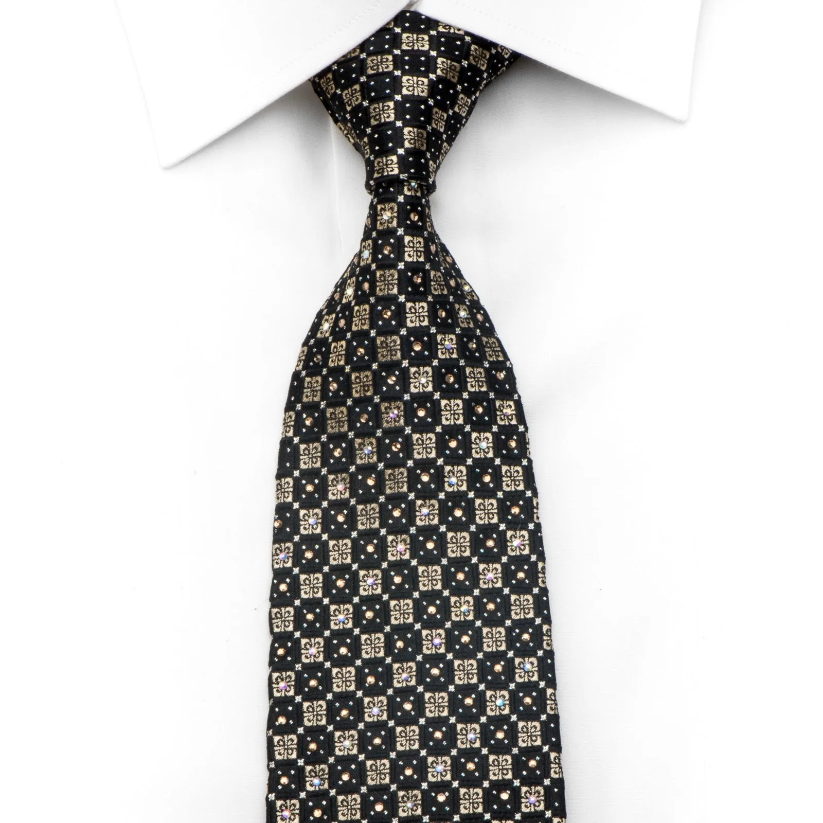 Pierre Cardin Mens Silk Necktie Gold Black Ornate Checkered Sparkling With Gold Rhinestones