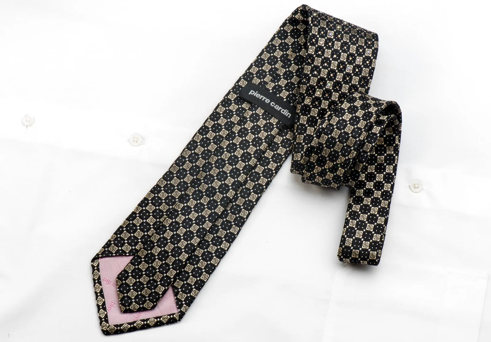 Pierre Cardin Mens Silk Necktie Gold Black Ornate Checkered Sparkling With Gold Rhinestones