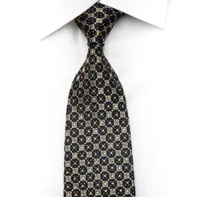 Pierre Cardin Mens Silk Necktie Gold Black Ornate Checkered Sparkling With Gold Rhinestones