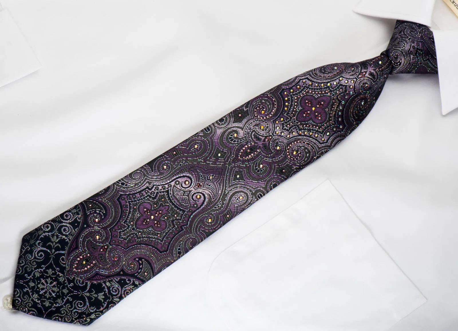 Pierre Cardin Rhinestone Necktie Damask On Dark Purple With Silver Sparkles