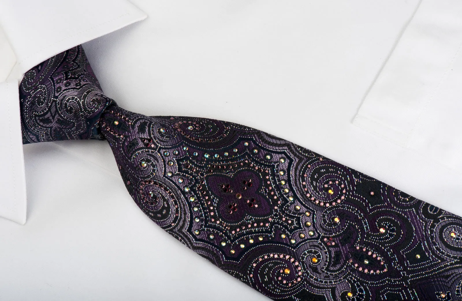 Pierre Cardin Rhinestone Necktie Damask On Dark Purple With Silver Sparkles