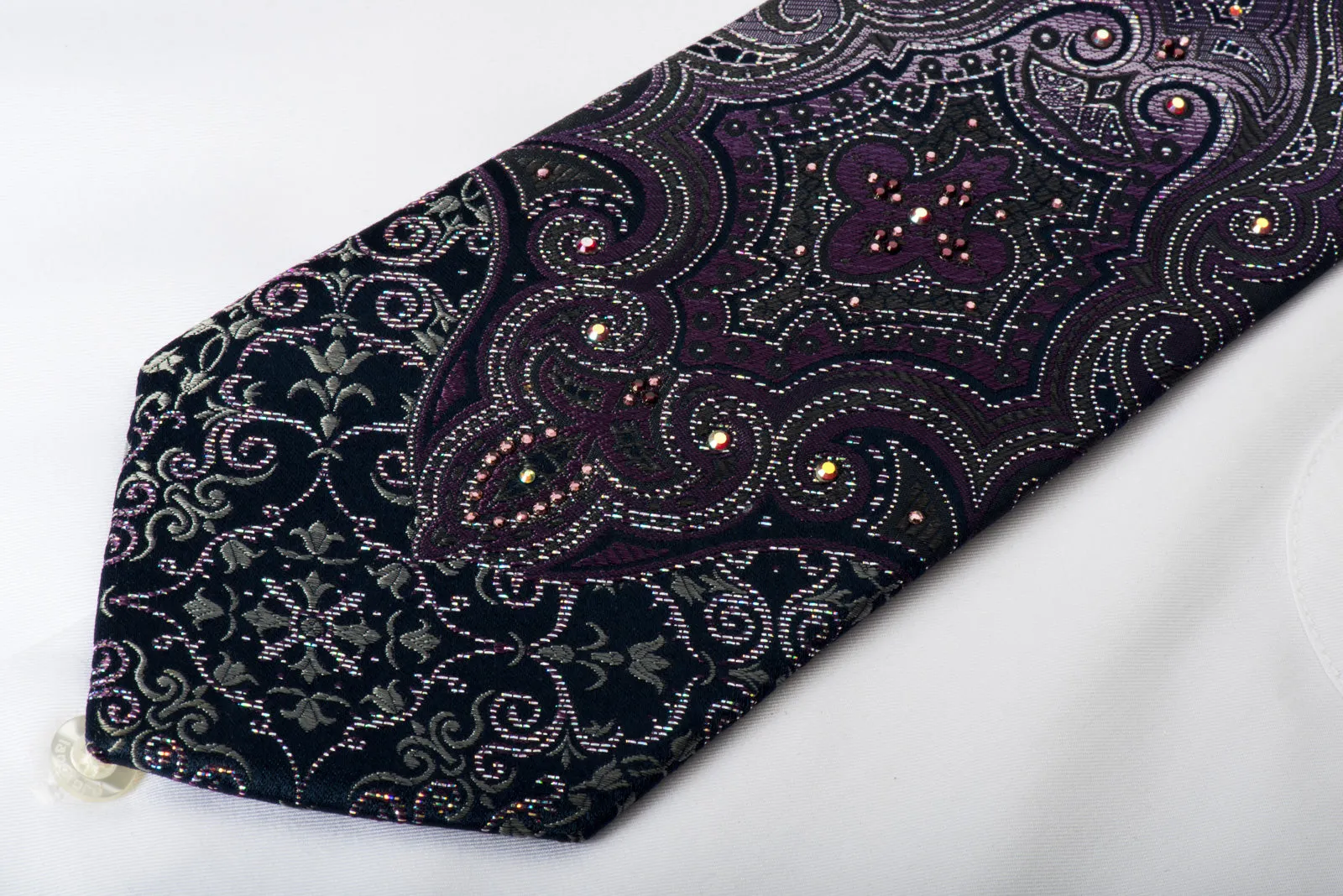 Pierre Cardin Rhinestone Necktie Damask On Dark Purple With Silver Sparkles