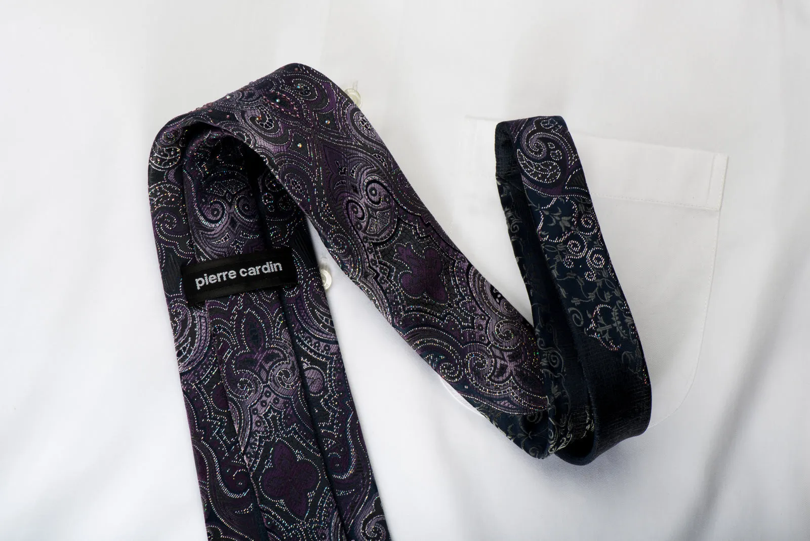 Pierre Cardin Rhinestone Necktie Damask On Dark Purple With Silver Sparkles
