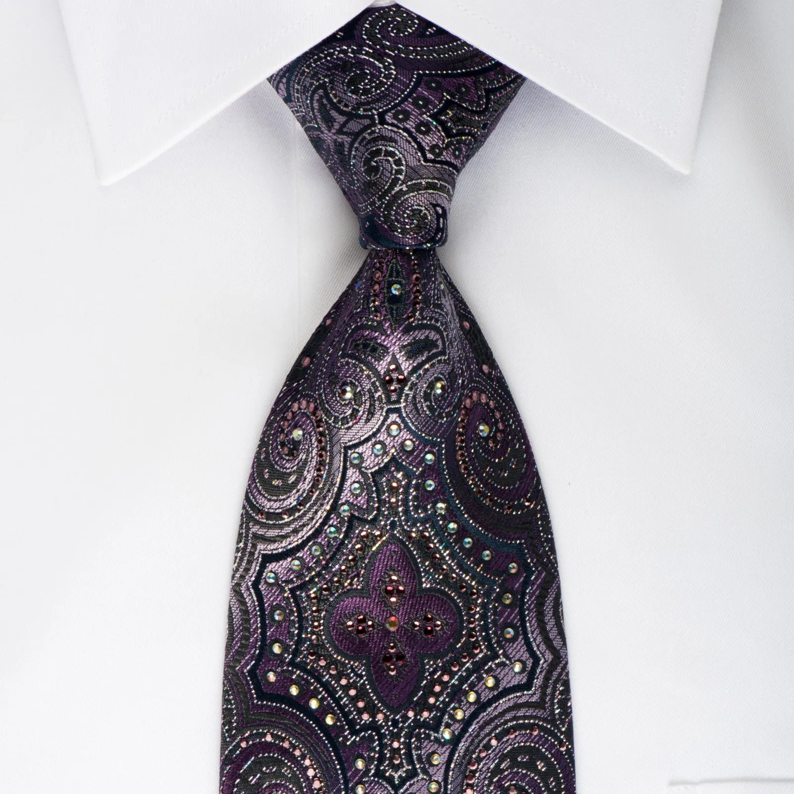 Pierre Cardin Rhinestone Necktie Damask On Dark Purple With Silver Sparkles