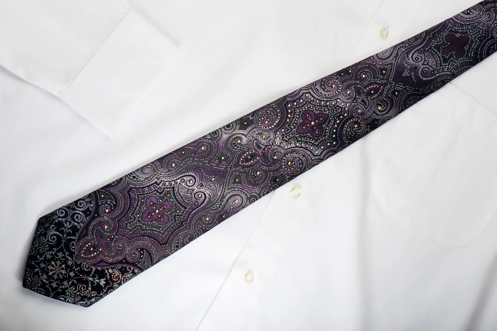 Pierre Cardin Rhinestone Necktie Damask On Dark Purple With Silver Sparkles