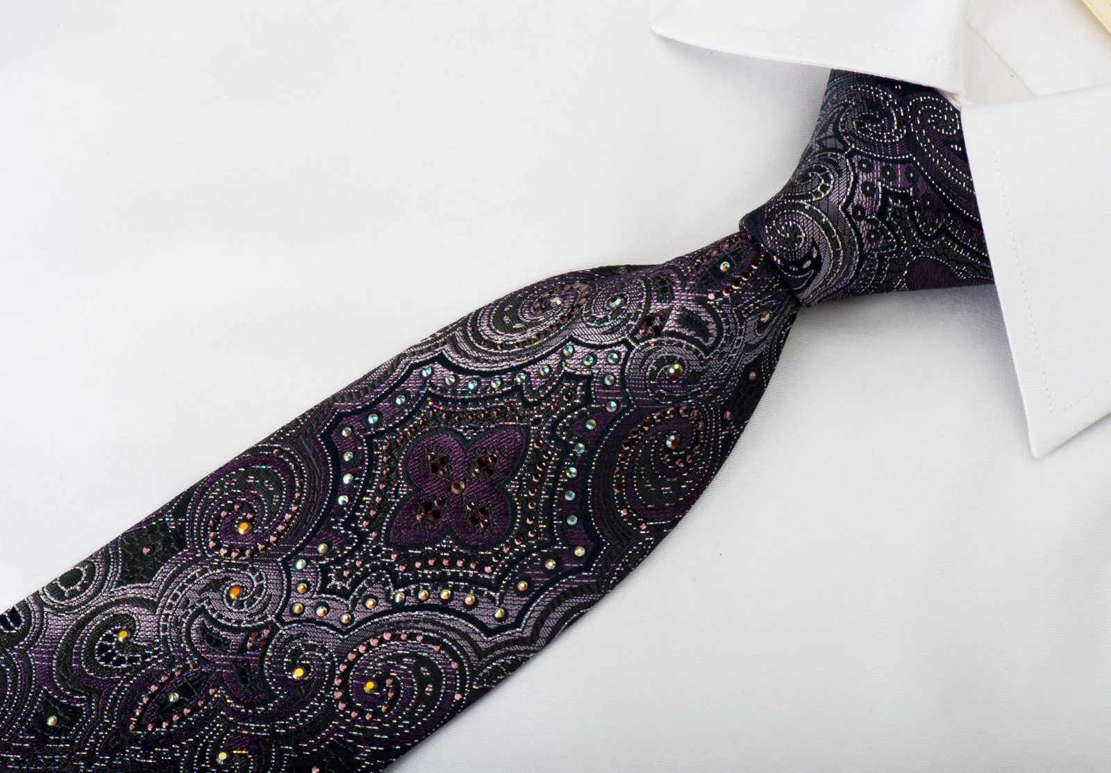 Pierre Cardin Rhinestone Necktie Damask On Dark Purple With Silver Sparkles