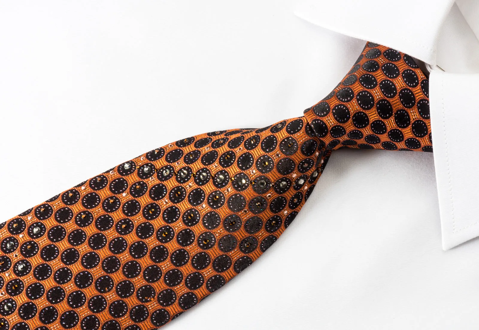 Pierre Cardin Rhinestone Silk Necktie Black Dots On Orange With Silver Sparkles
