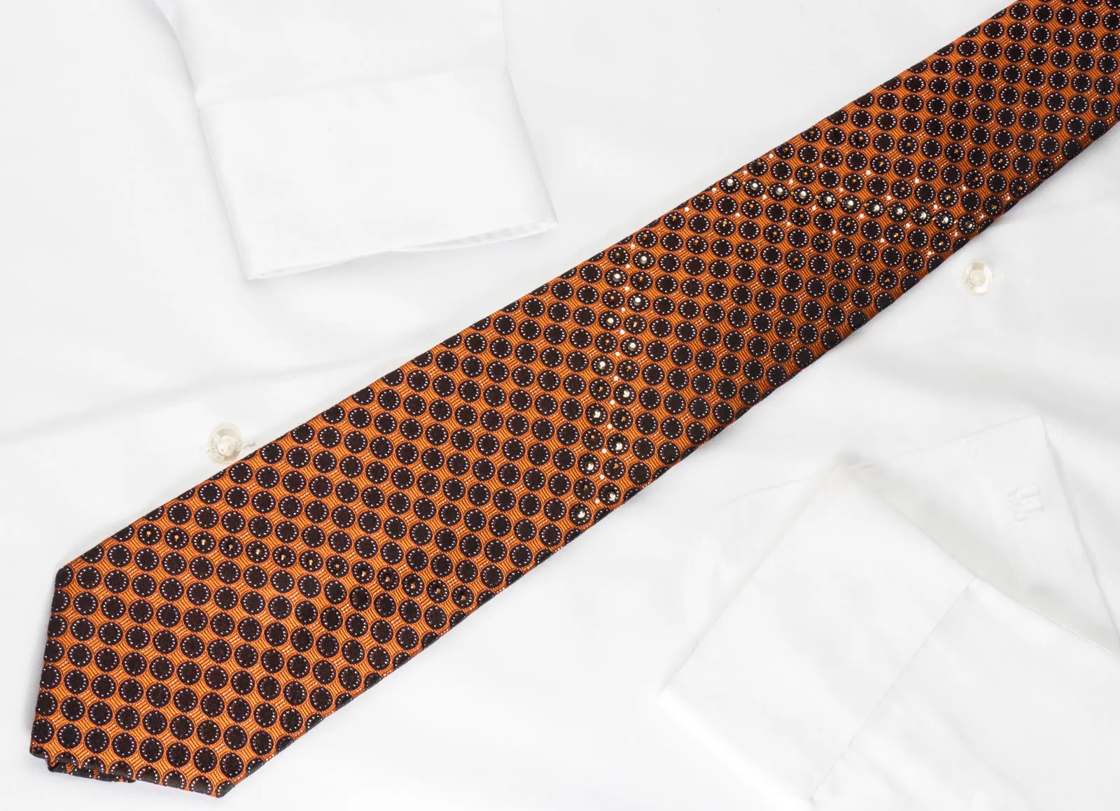 Pierre Cardin Rhinestone Silk Necktie Black Dots On Orange With Silver Sparkles