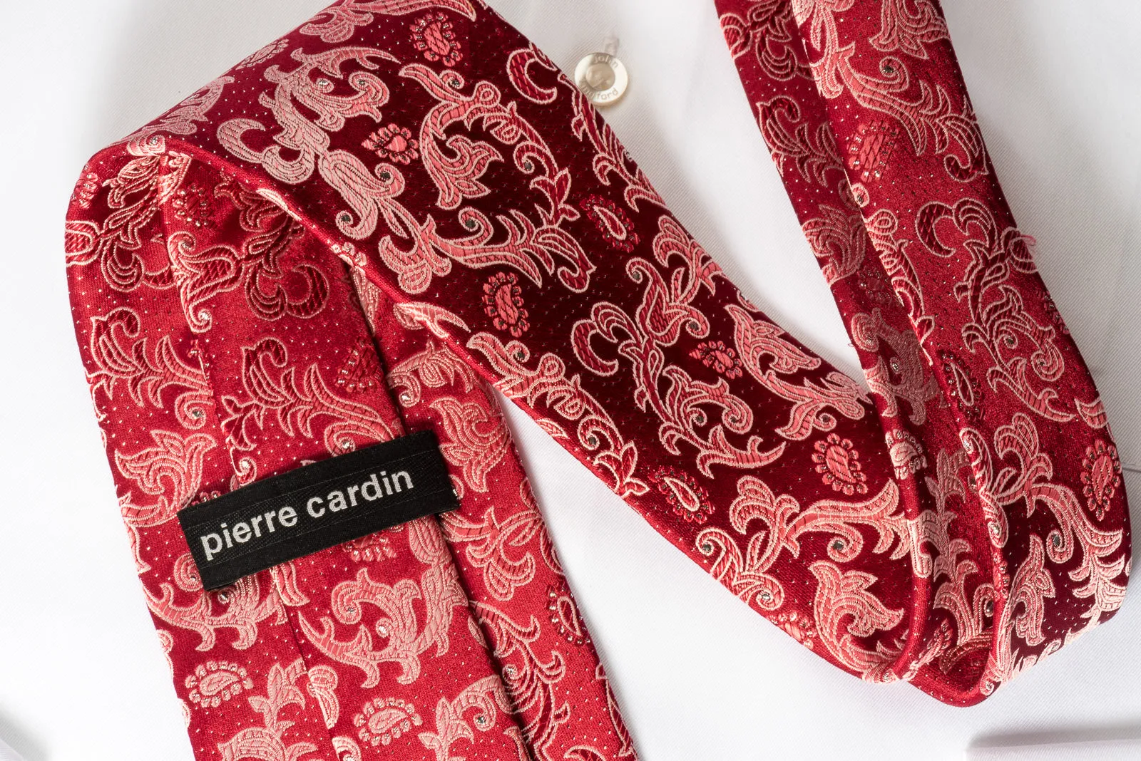 Pierre Cardin Silk Necktie Paisley On Burgundy With Silver Sparkles