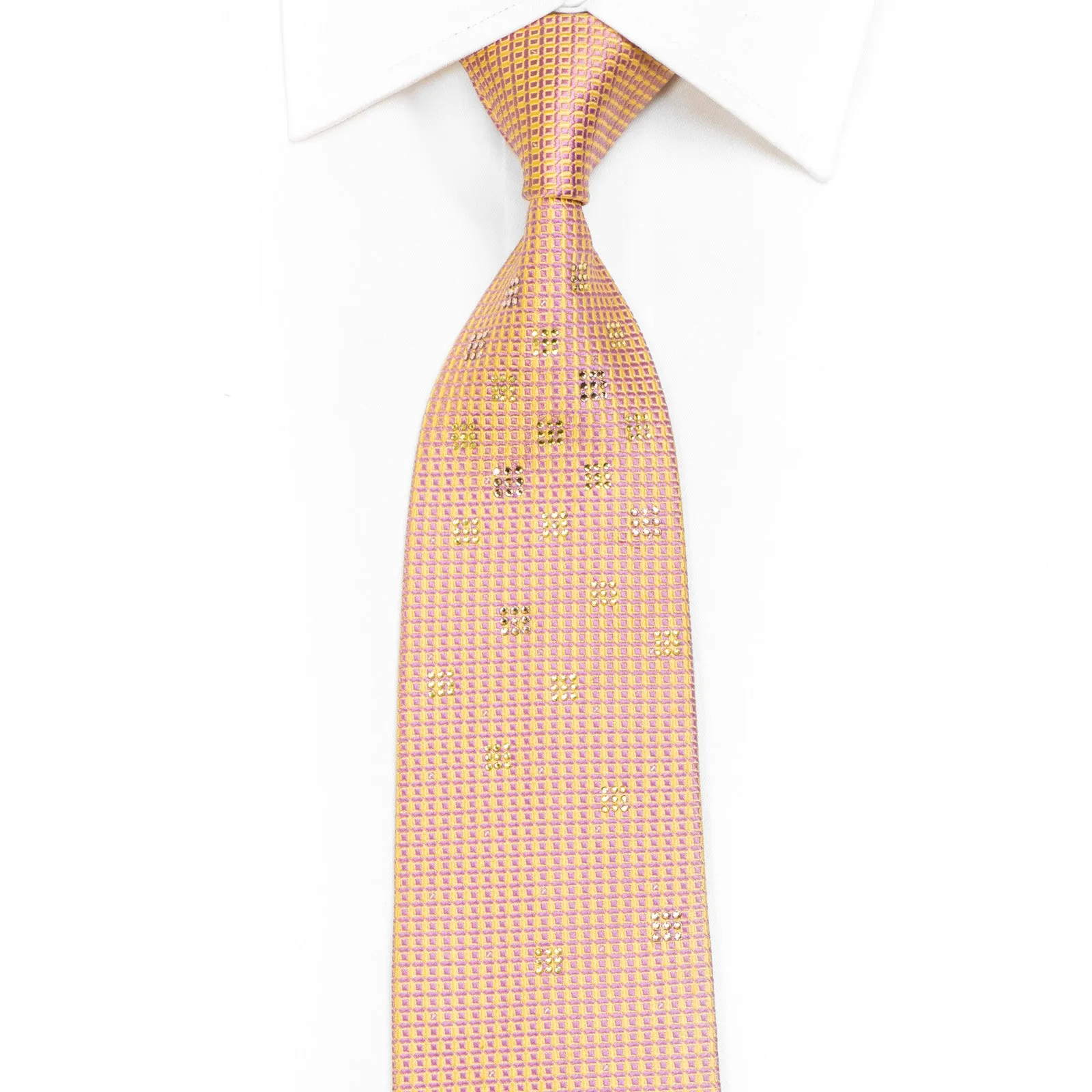 Pink Yellow Micro Trellis Rhinestone Silk Tie With Silver Sparkles