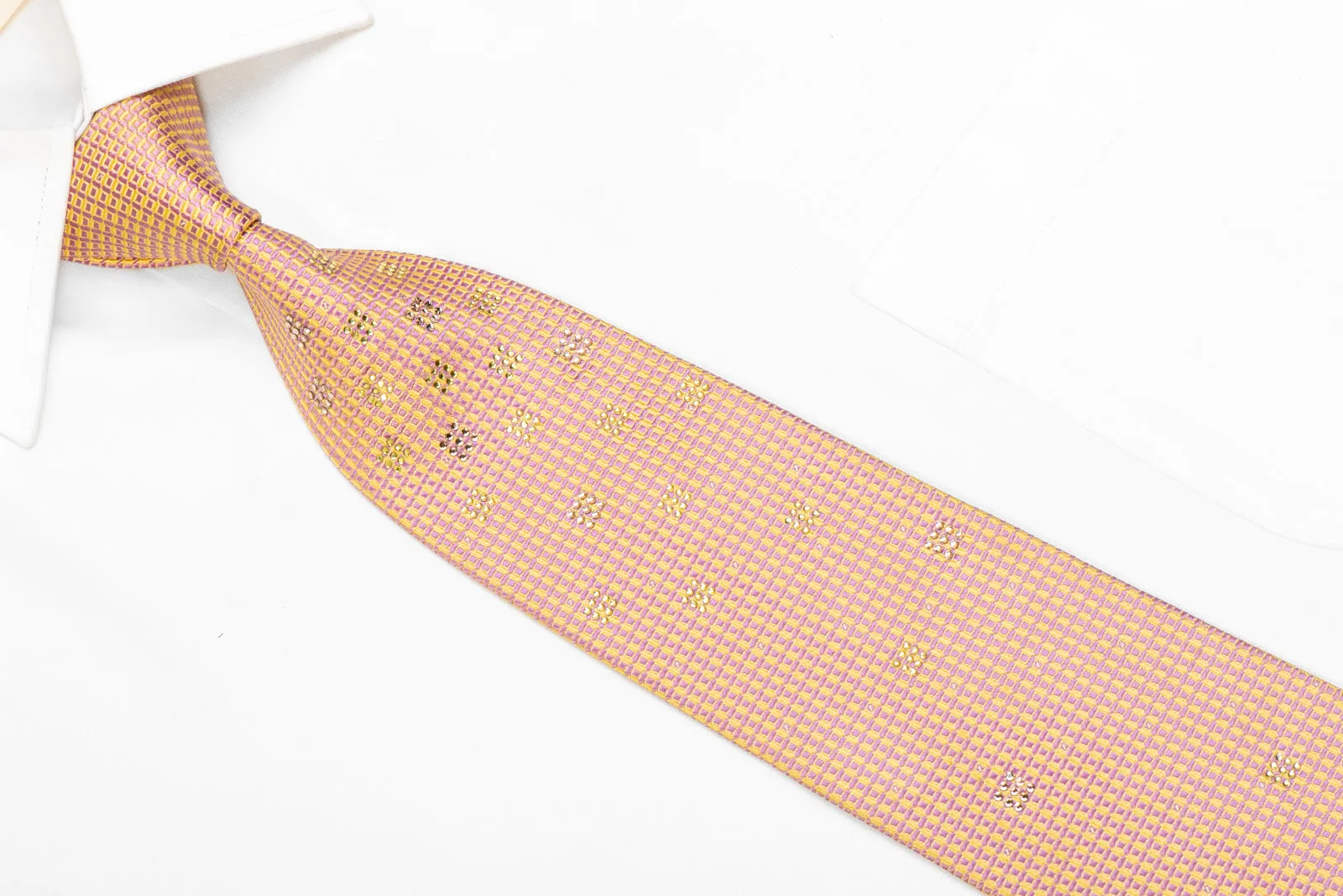 Pink Yellow Micro Trellis Rhinestone Silk Tie With Silver Sparkles
