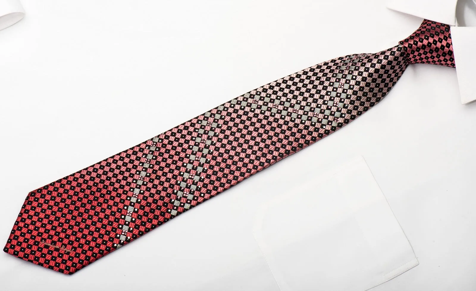 Premium Royal Men's Silk Necktie Purple Black Checkered Sparkling With Rhinestones