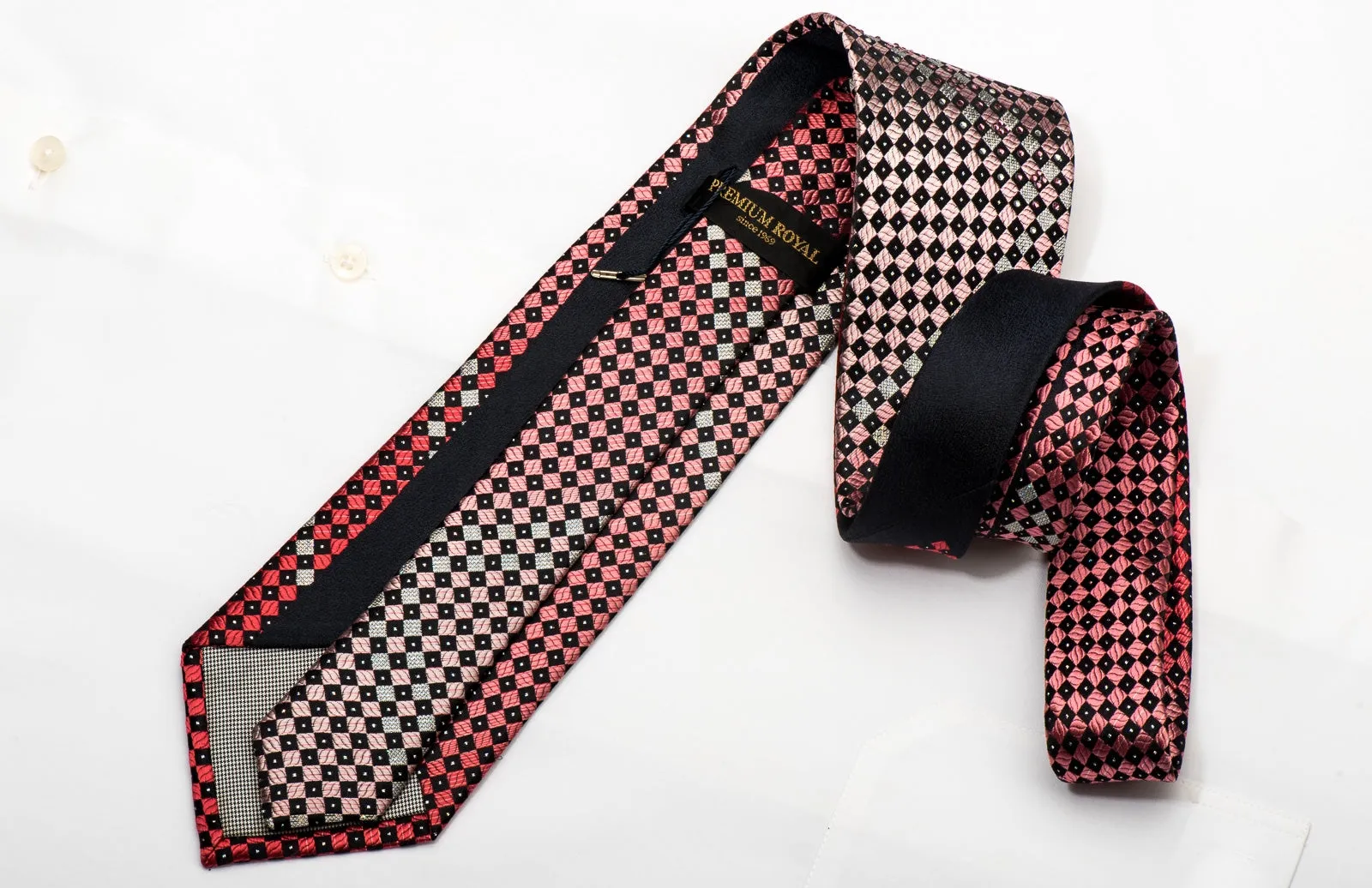 Premium Royal Men's Silk Necktie Purple Black Checkered Sparkling With Rhinestones
