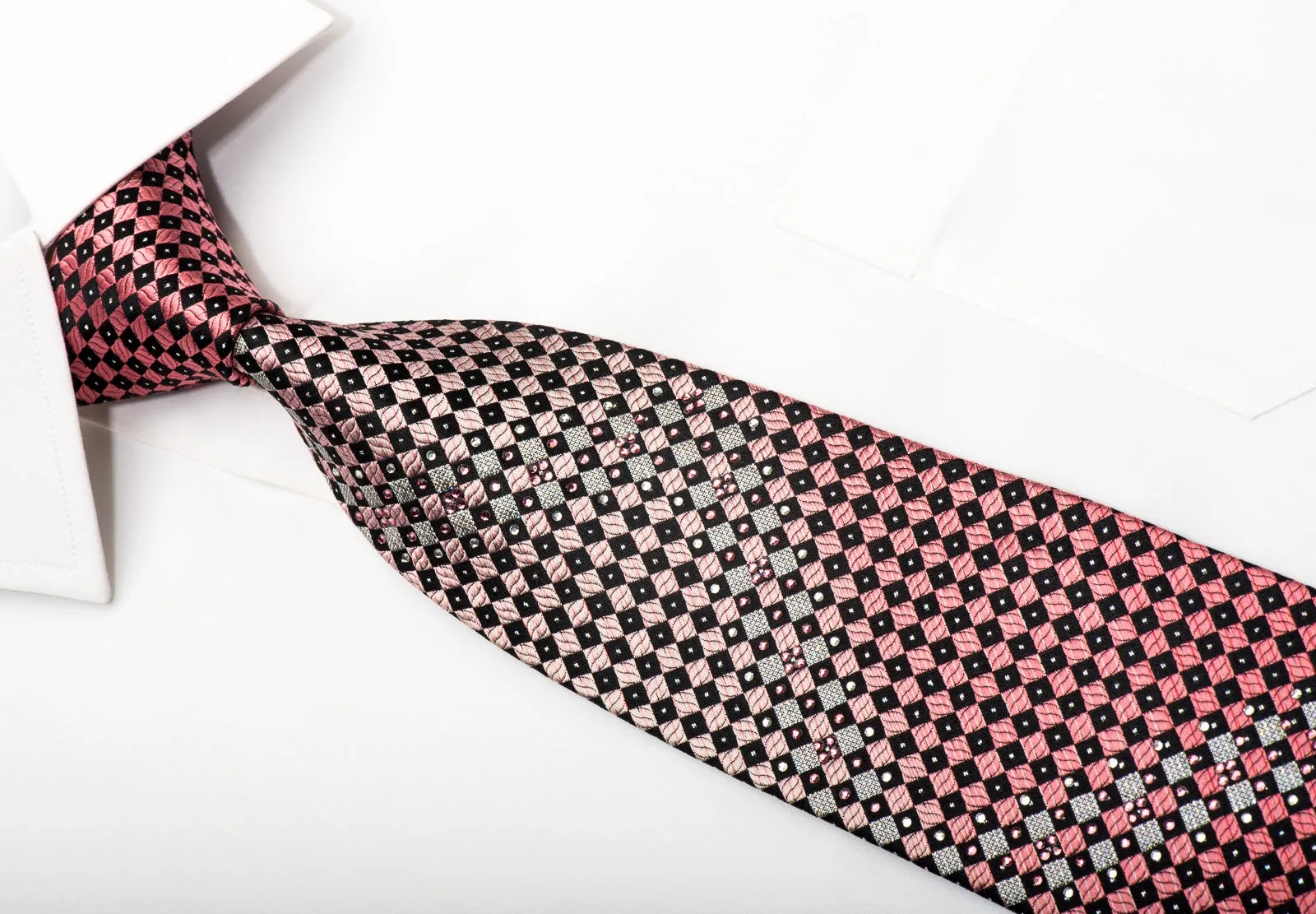 Premium Royal Men's Silk Necktie Purple Black Checkered Sparkling With Rhinestones