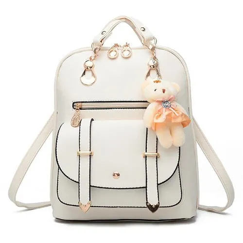 Preppy Style Women Backpack Bear Toys PU Leather Schoolbags for Teenage Girls Female Rucksack Shoulder Bag Travel Knapsack
