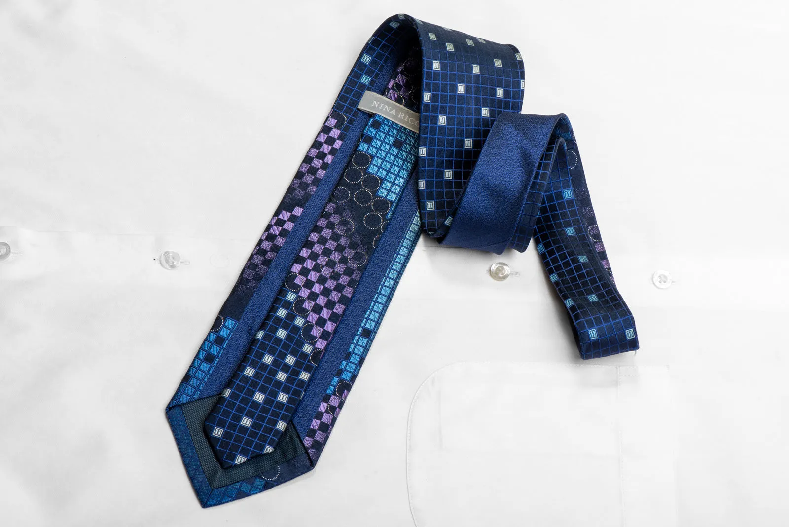 Purple Blue Geometric On Navy Rhinestone Necktie With Sparkles