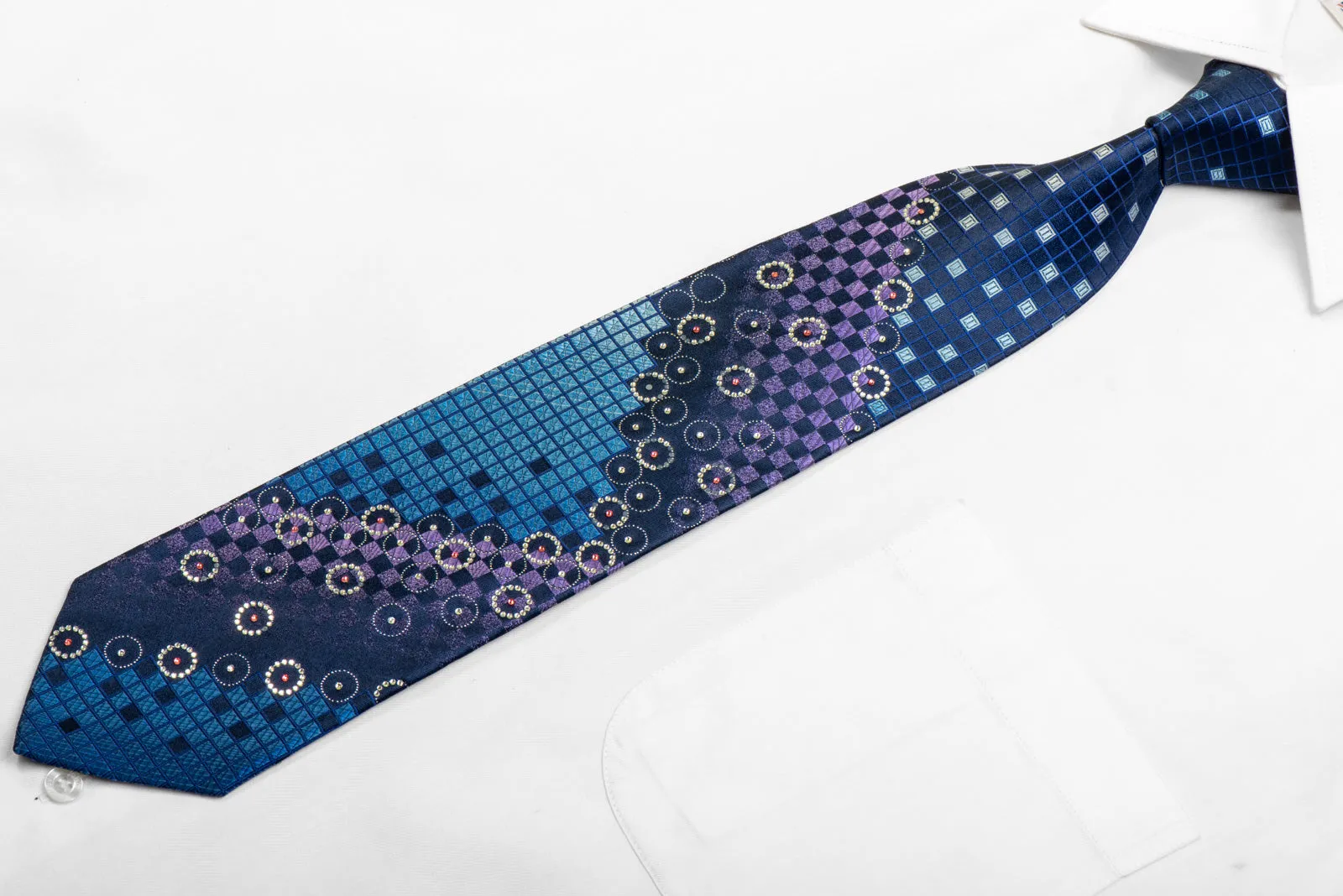 Purple Blue Geometric On Navy Rhinestone Necktie With Sparkles