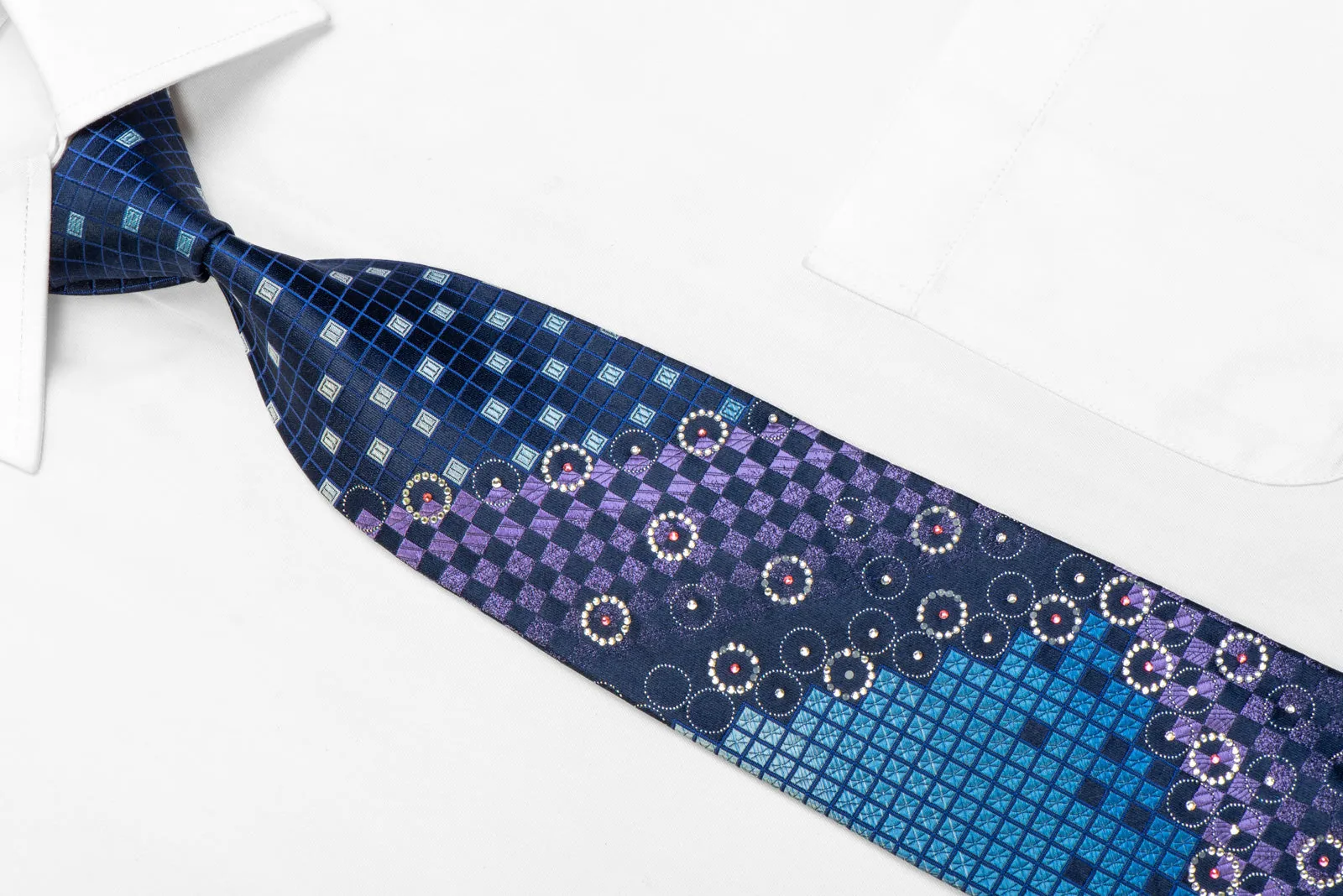 Purple Blue Geometric On Navy Rhinestone Necktie With Sparkles