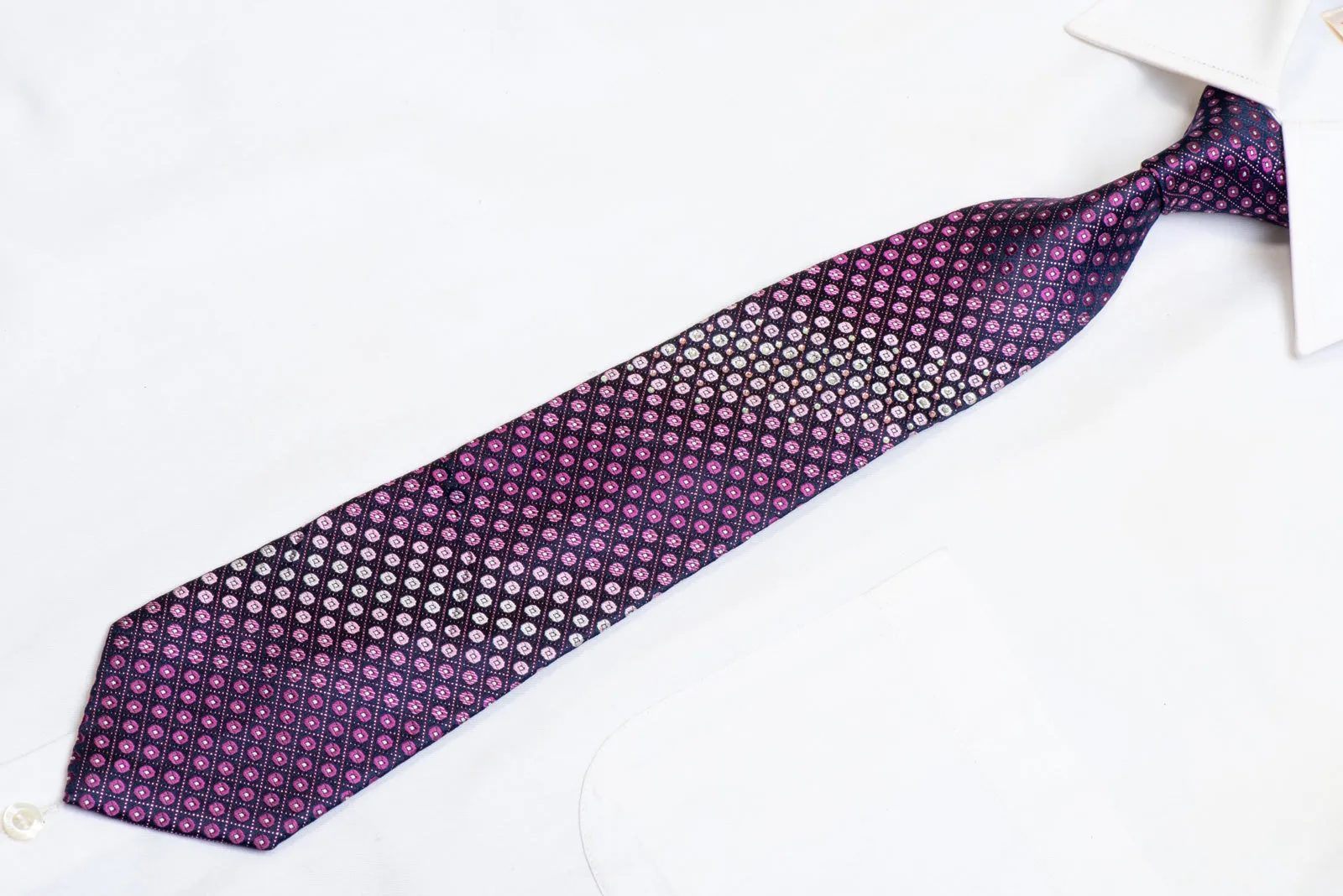 Purple Geometric Circles On Navy Rhinestone Silk Necktie With Purple Sparkles