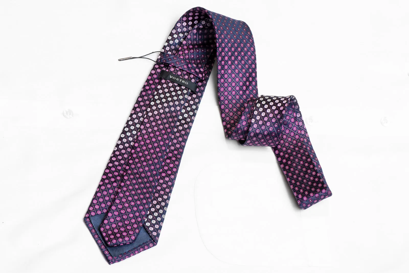Purple Geometric Circles On Navy Rhinestone Silk Necktie With Purple Sparkles