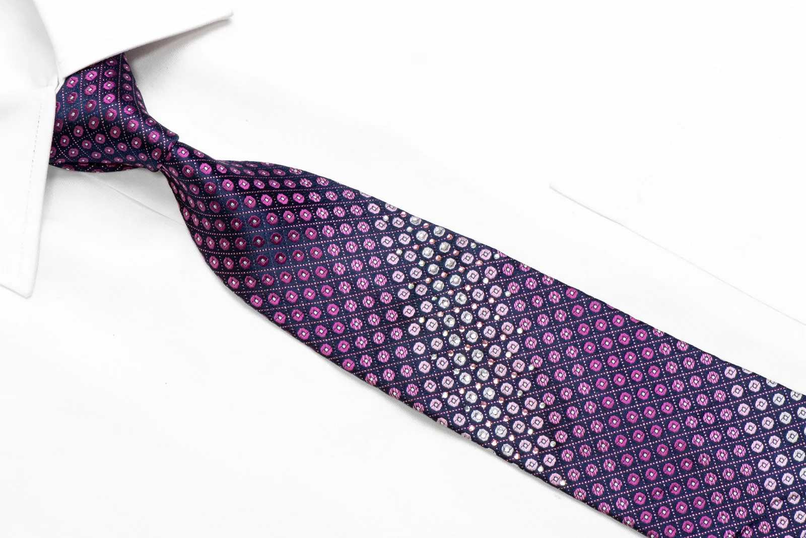 Purple Geometric Circles On Navy Rhinestone Silk Necktie With Purple Sparkles