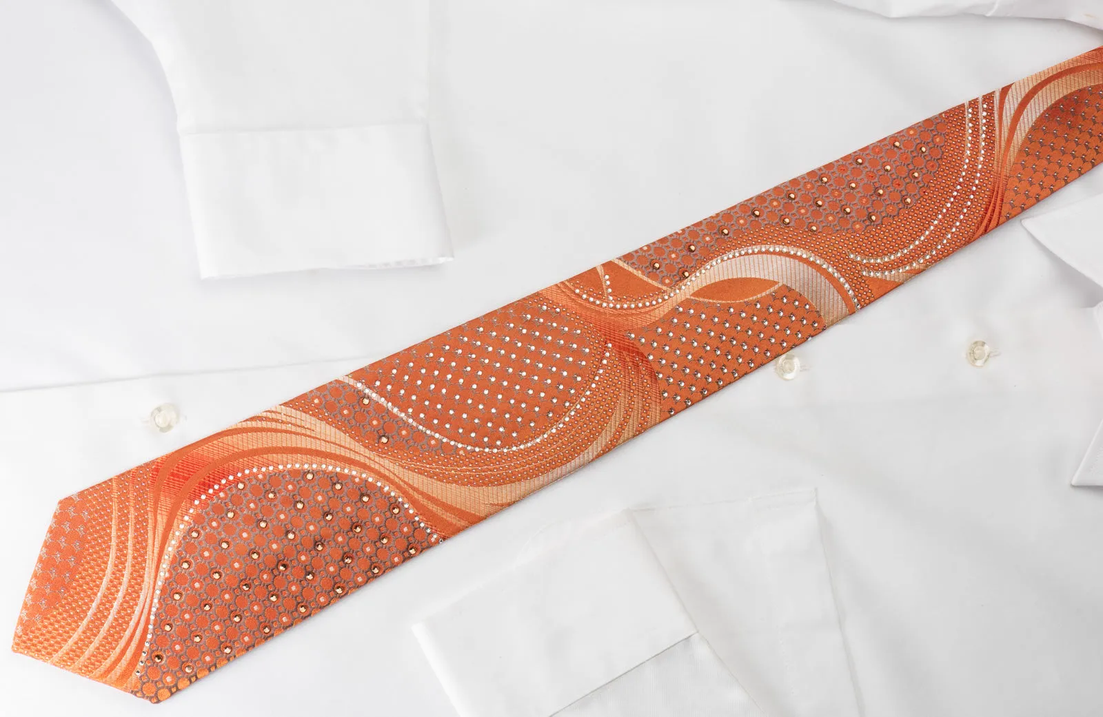 Remizio Silk Rhinestone Necktie Scotty Dogs On Orange With Silver Sparkles