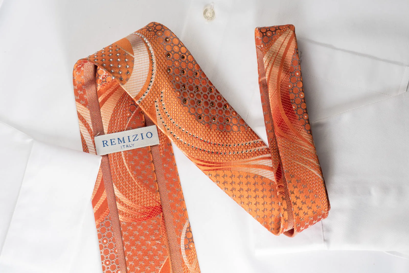 Remizio Silk Rhinestone Necktie Scotty Dogs On Orange With Silver Sparkles