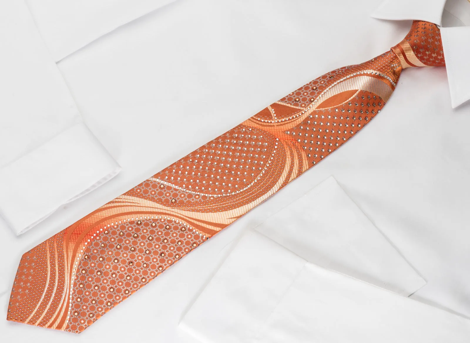 Remizio Silk Rhinestone Necktie Scotty Dogs On Orange With Silver Sparkles