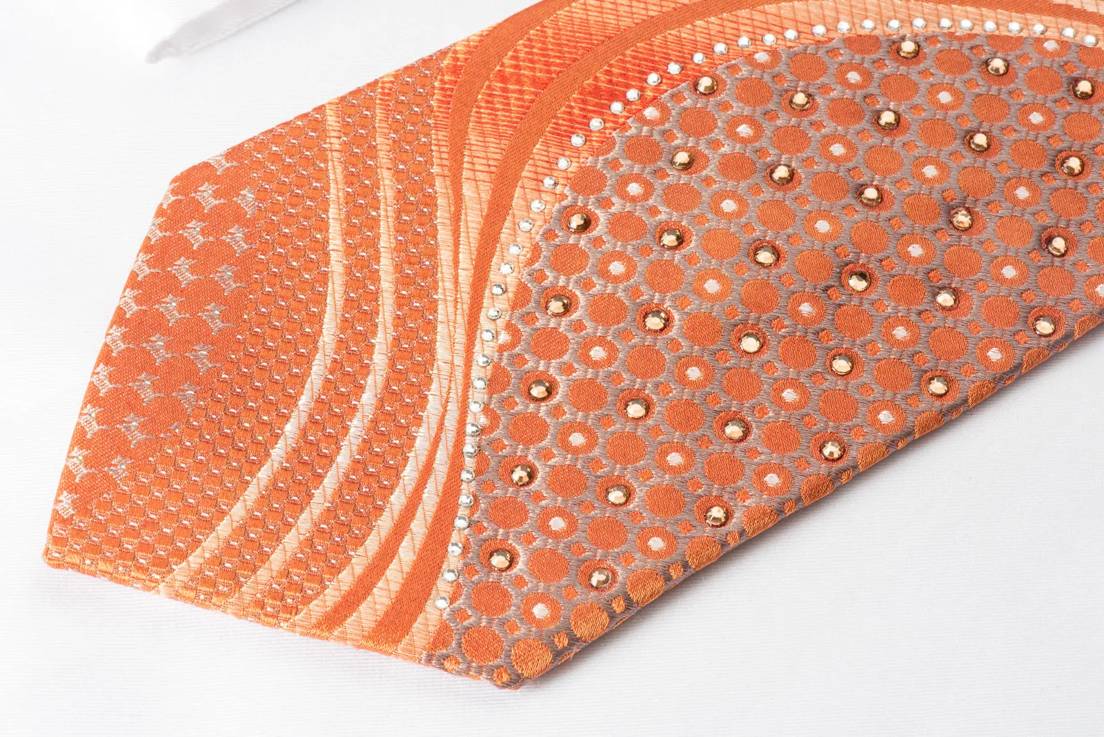Remizio Silk Rhinestone Necktie Scotty Dogs On Orange With Silver Sparkles