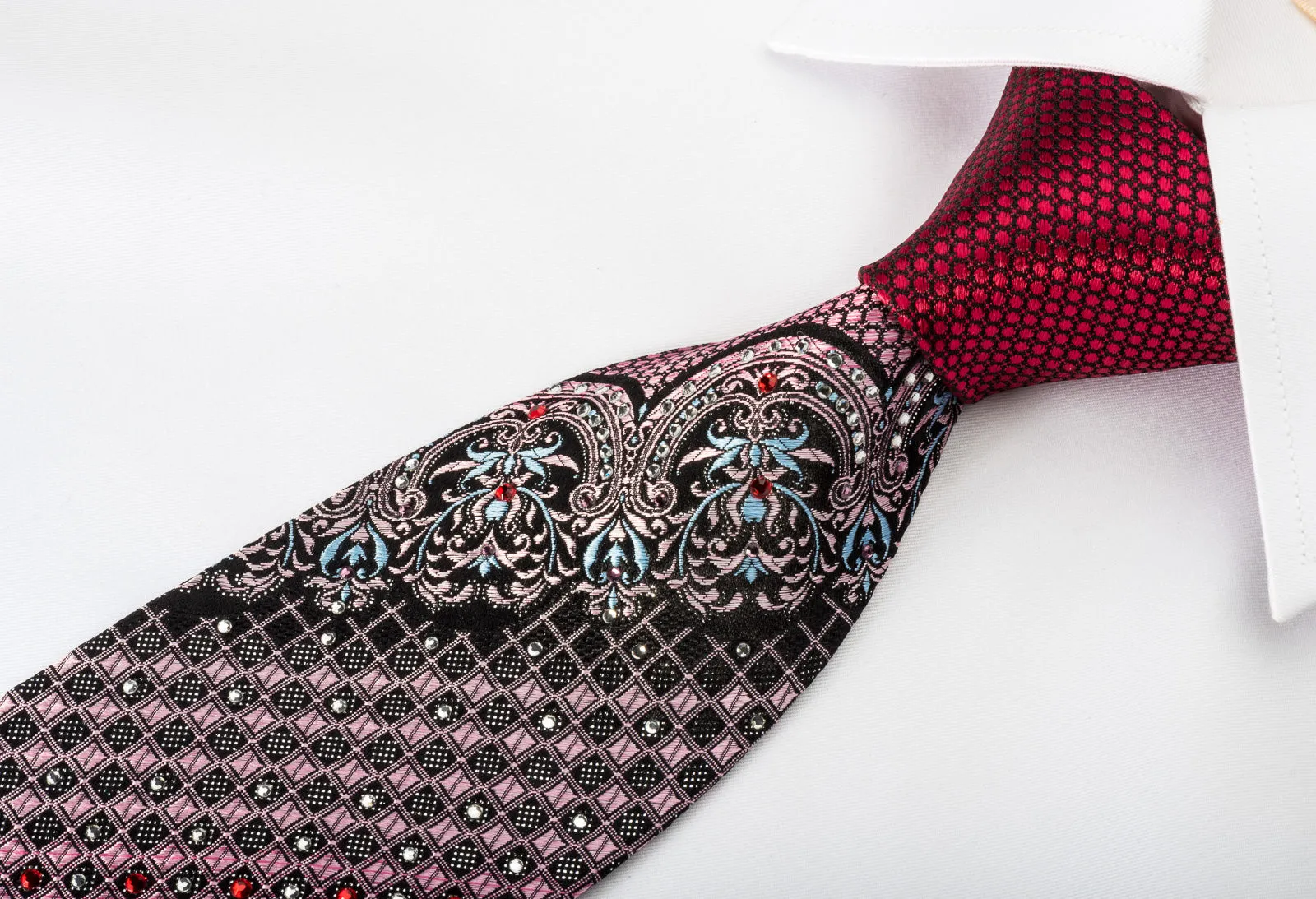 Remizio Silk Rhinestone Tie Cartouche Checker On Burgundy With Silver Sparkles