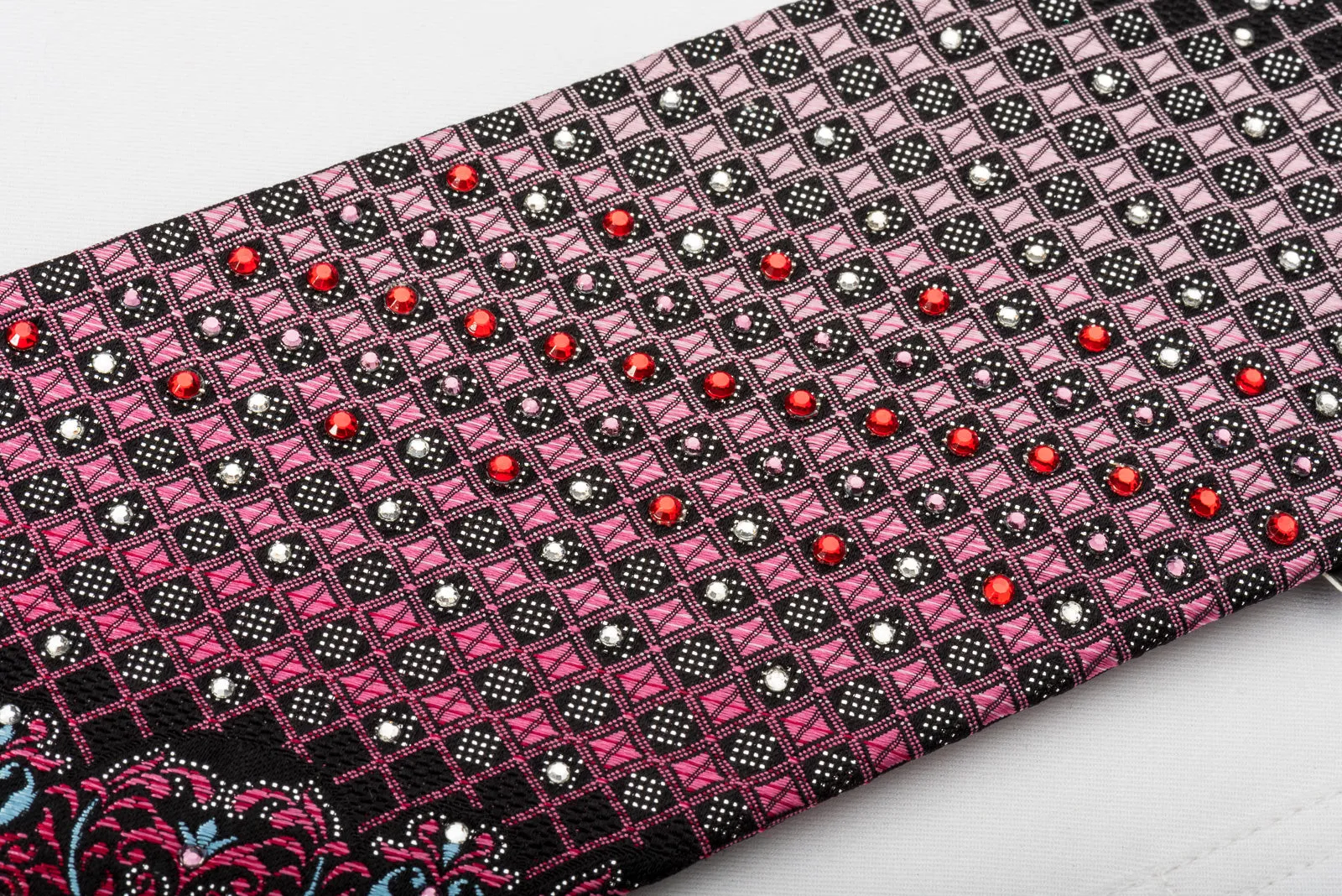 Remizio Silk Rhinestone Tie Cartouche Checker On Burgundy With Silver Sparkles