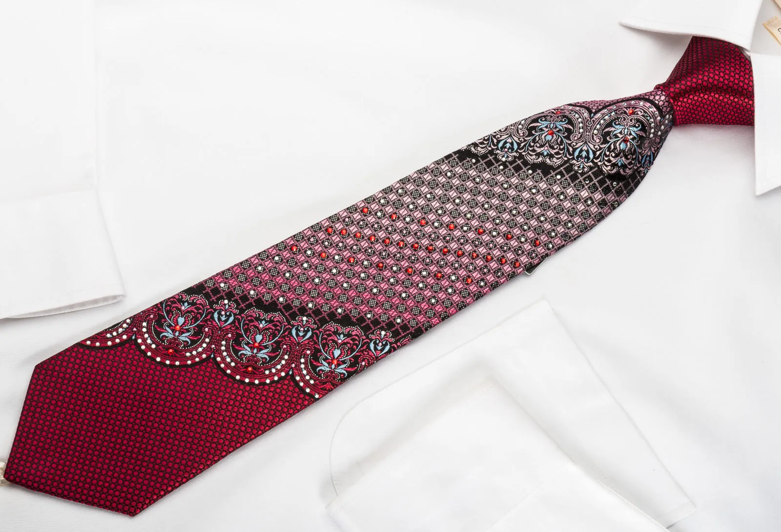 Remizio Silk Rhinestone Tie Cartouche Checker On Burgundy With Silver Sparkles