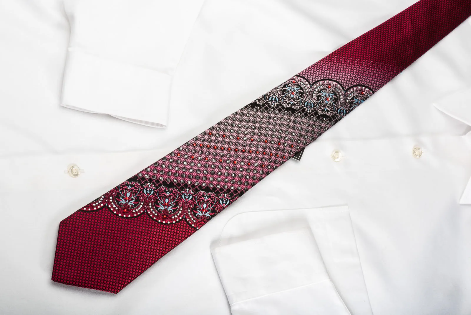 Remizio Silk Rhinestone Tie Cartouche Checker On Burgundy With Silver Sparkles