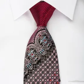 Remizio Silk Rhinestone Tie Cartouche Checker On Burgundy With Silver Sparkles