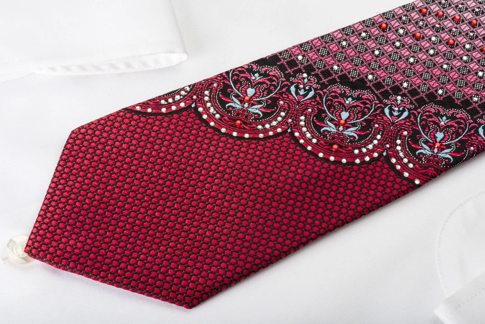 Remizio Silk Rhinestone Tie Cartouche Checker On Burgundy With Silver Sparkles