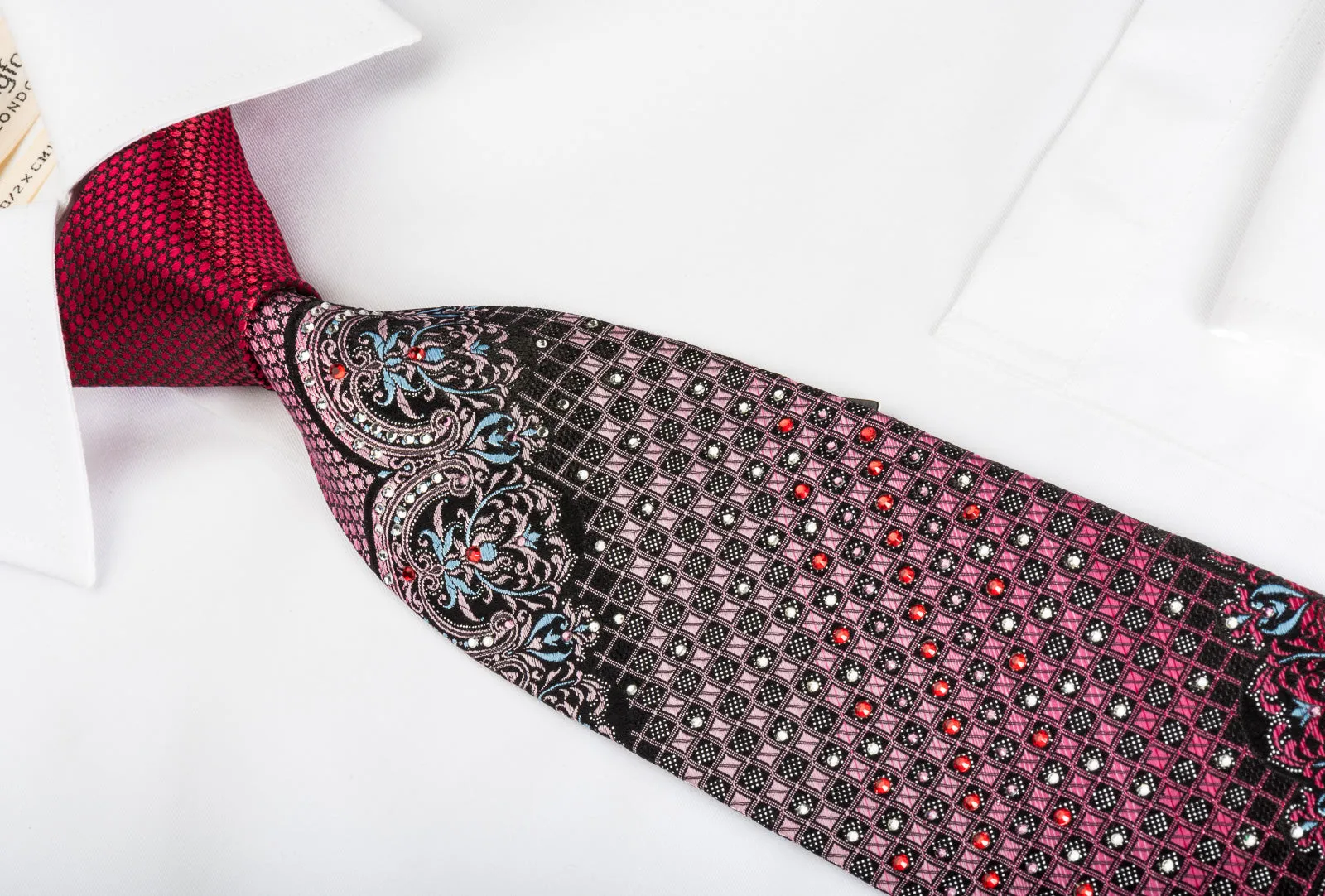 Remizio Silk Rhinestone Tie Cartouche Checker On Burgundy With Silver Sparkles