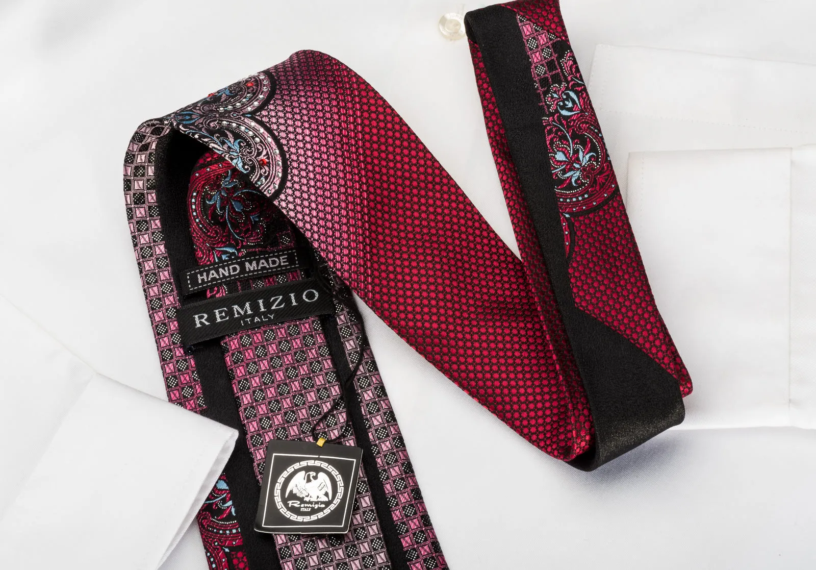 Remizio Silk Rhinestone Tie Cartouche Checker On Burgundy With Silver Sparkles