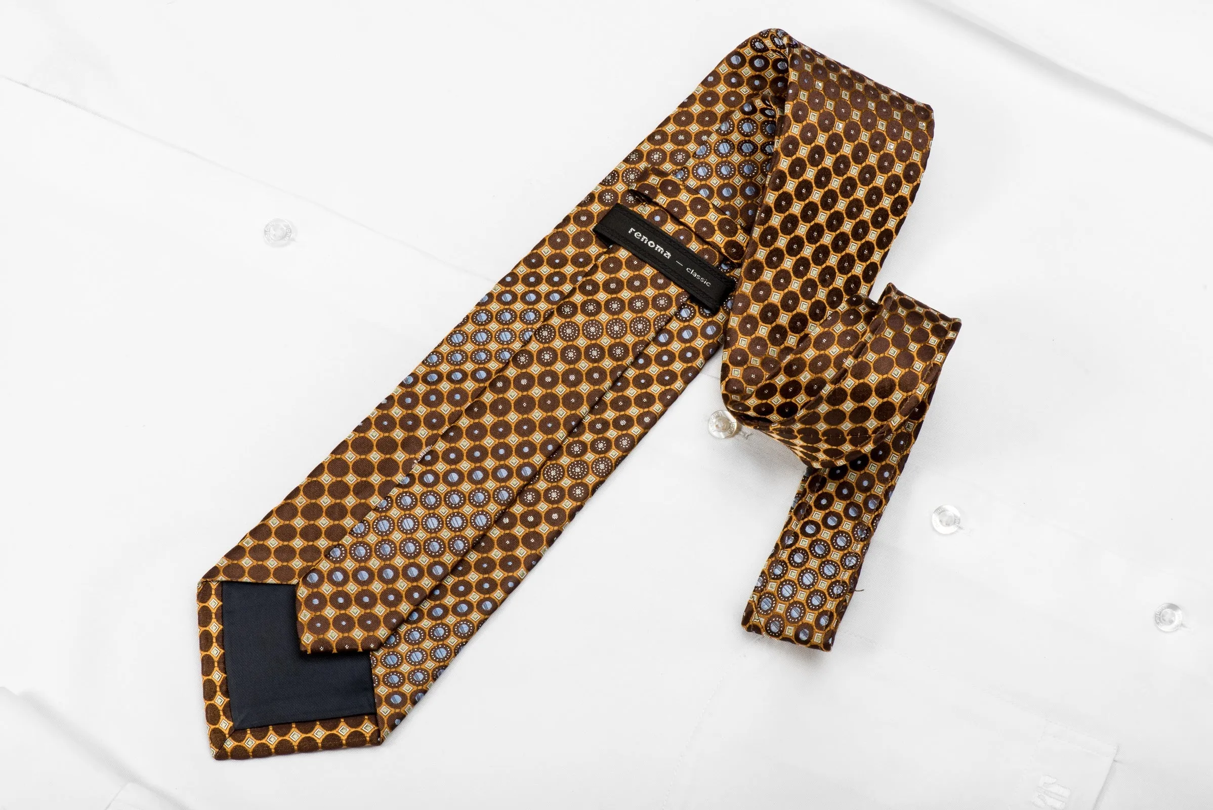 Renoma Men's Crystal Silk Necktie Orange Circles On Brown With Silver Sparkles