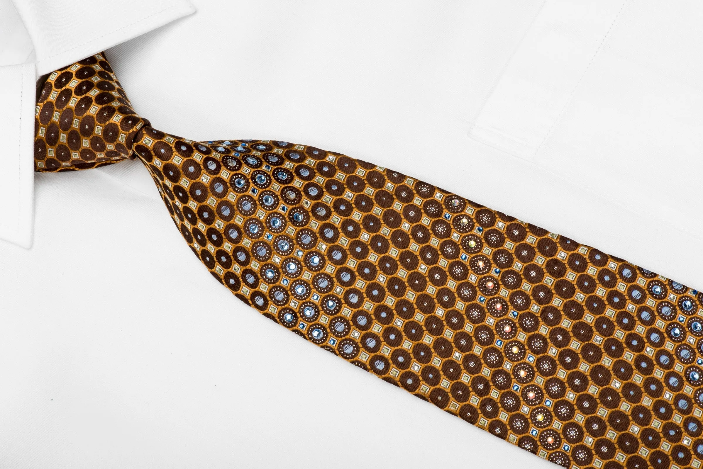 Renoma Men's Crystal Silk Necktie Orange Circles On Brown With Silver Sparkles