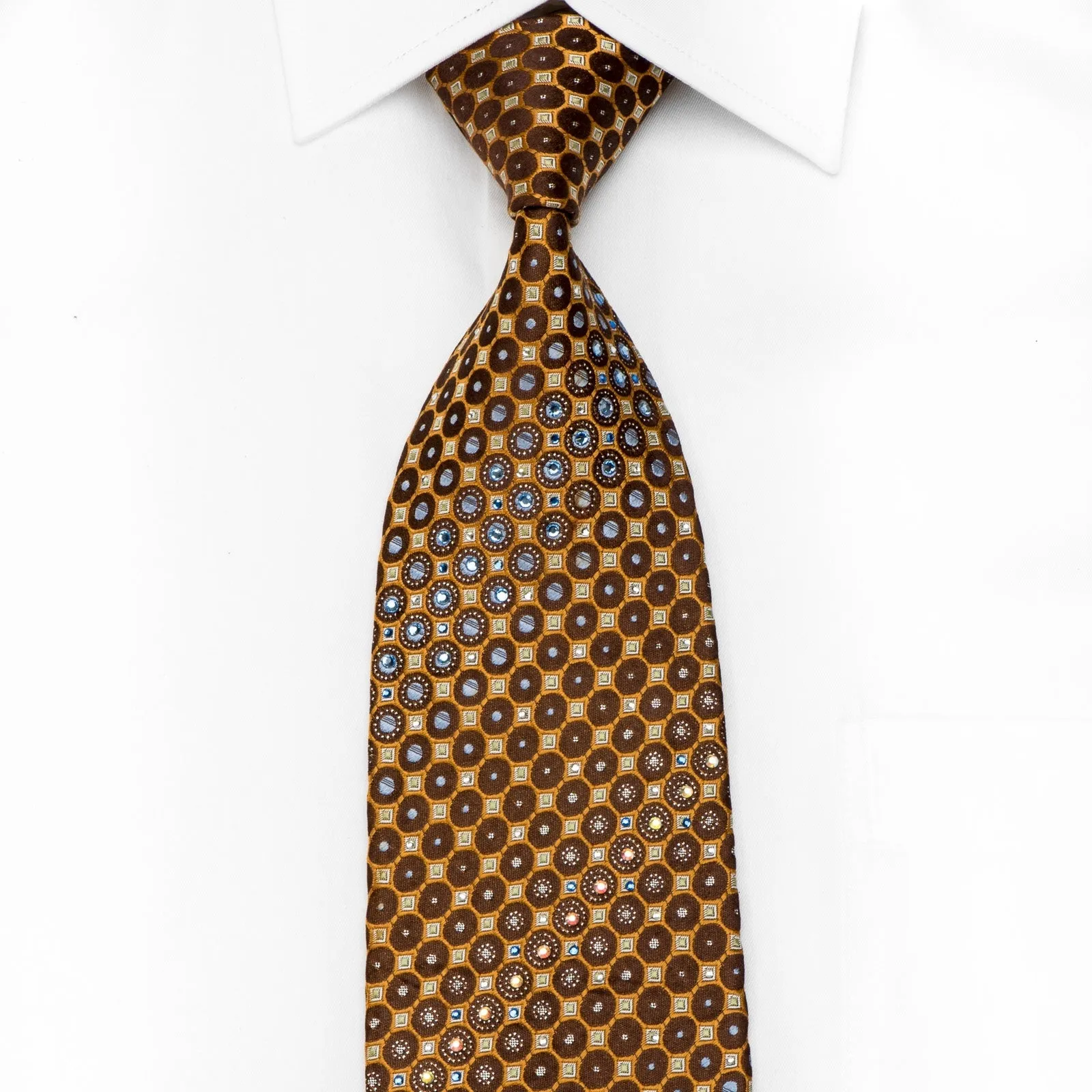 Renoma Men's Crystal Silk Necktie Orange Circles On Brown With Silver Sparkles