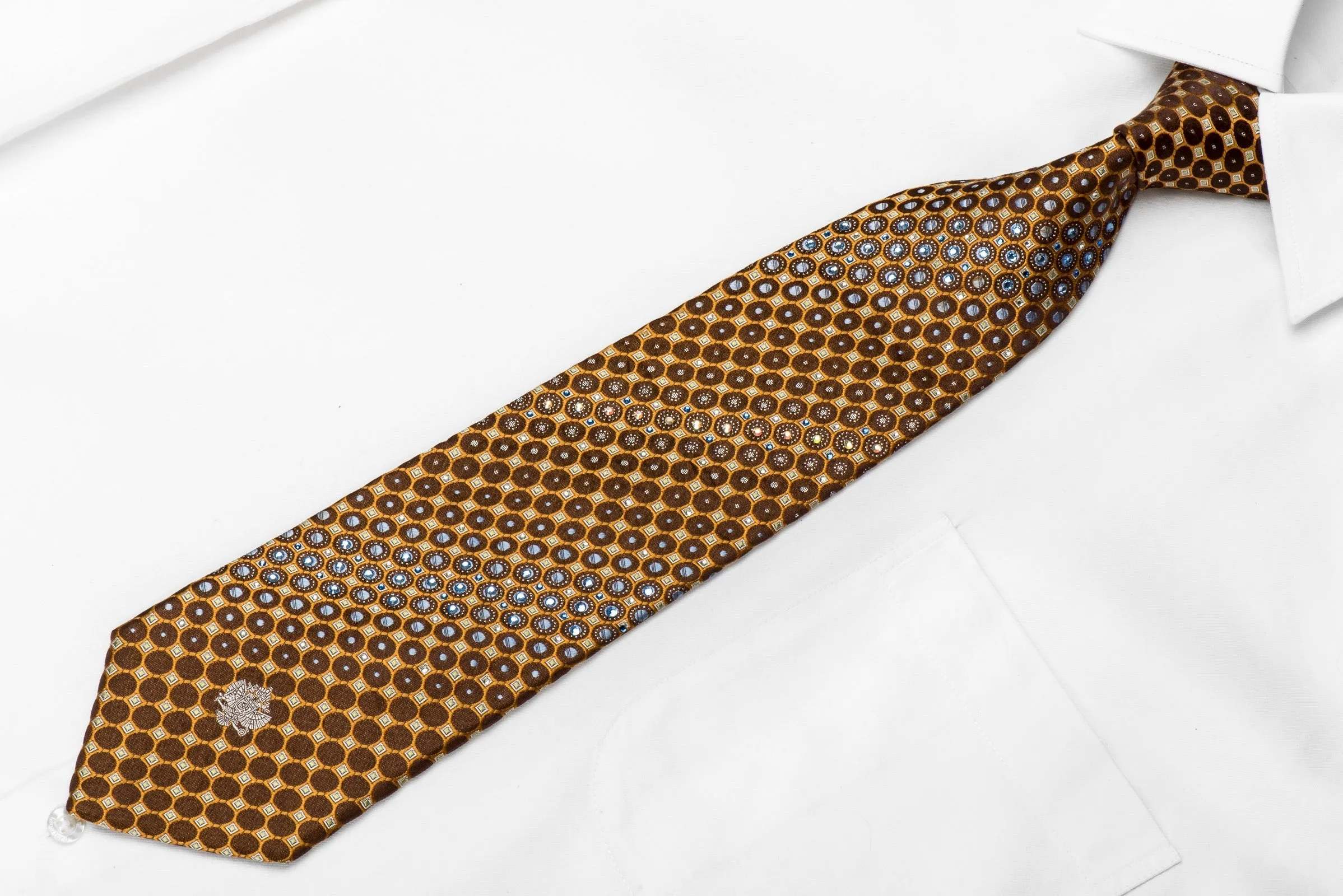 Renoma Men's Crystal Silk Necktie Orange Circles On Brown With Silver Sparkles