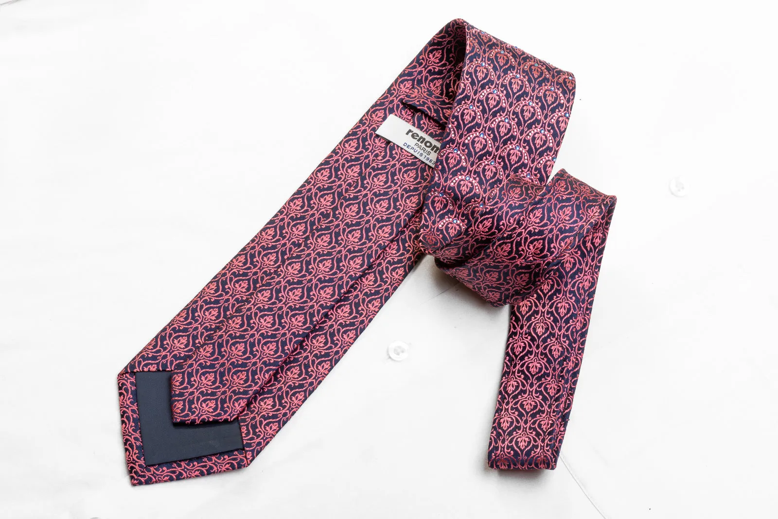 Renoma Men's Rhinestone Necktie Pink Cartouche On Navy With Pink Sparkles