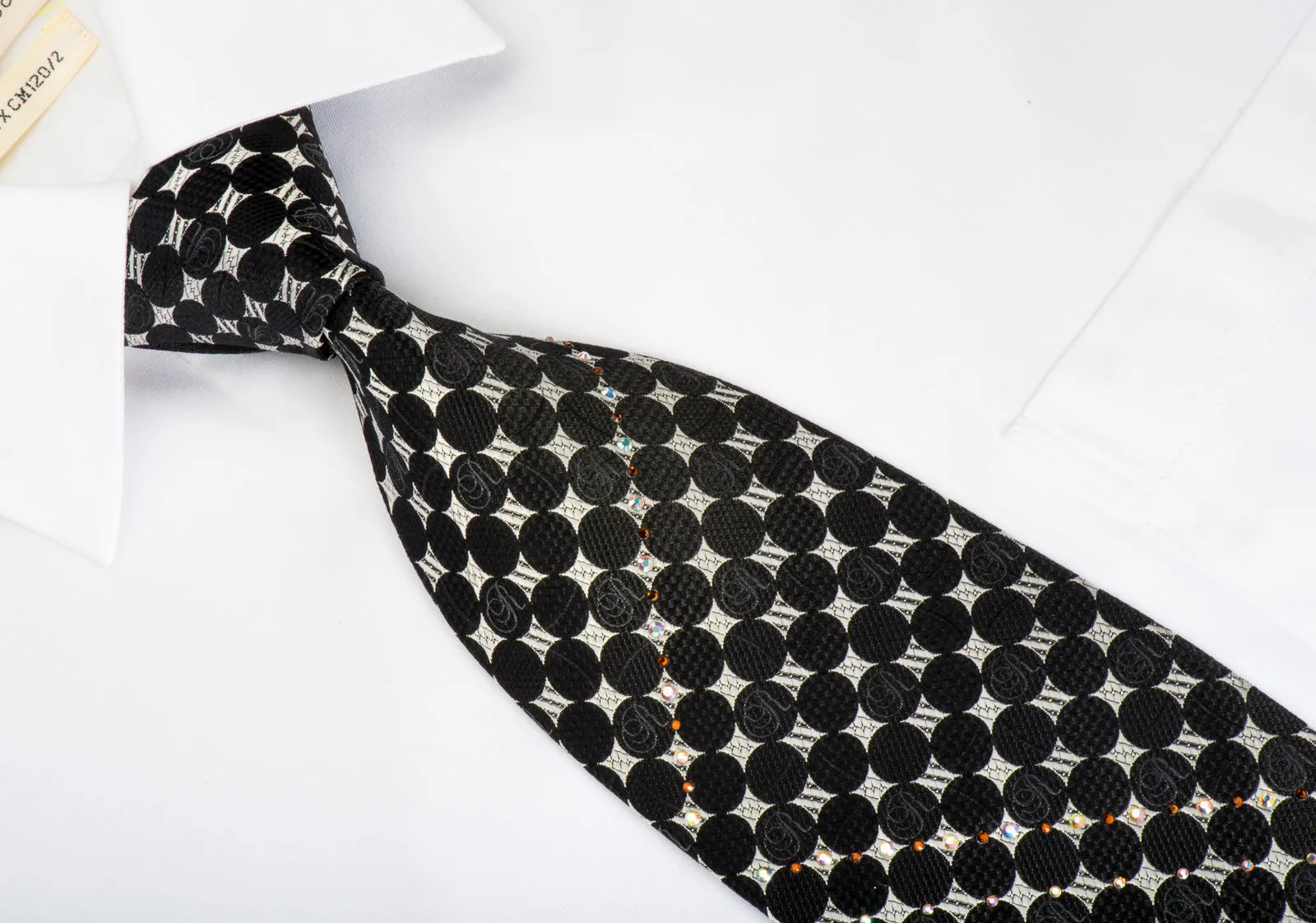 Renoma Rhinestone Necktie Black Geometric Dots On Silver With Sparkles