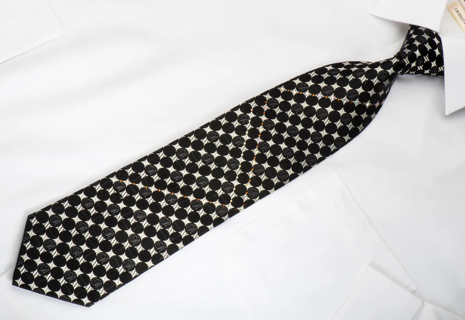 Renoma Rhinestone Necktie Black Geometric Dots On Silver With Sparkles