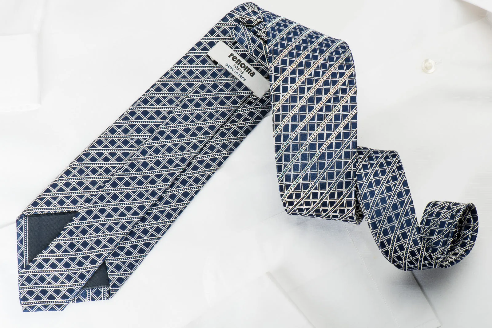 Renoma Rhinestone Necktie Silver Striped Trellis On Blue With