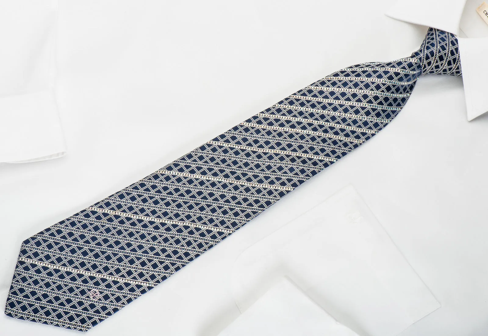 Renoma Rhinestone Necktie Silver Striped Trellis On Blue With