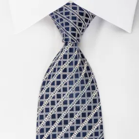 Renoma Rhinestone Necktie Silver Striped Trellis On Blue With