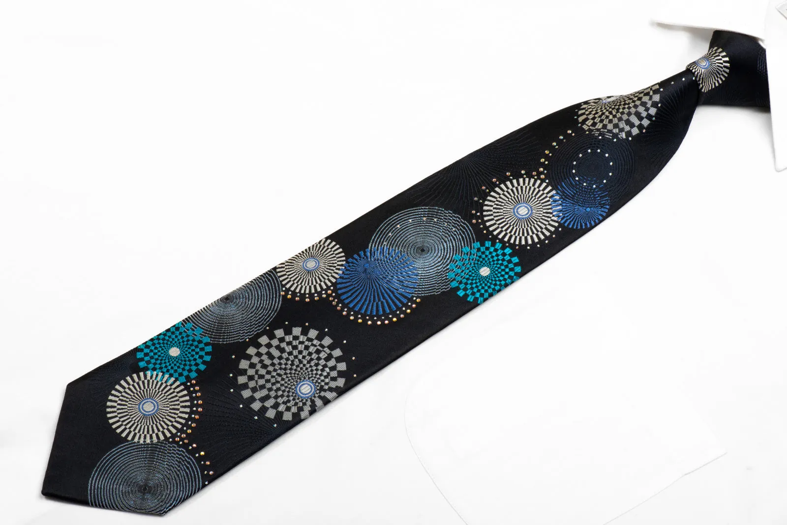 Renoma Rhinestone Silk Necktie Silver Blue Geometric
